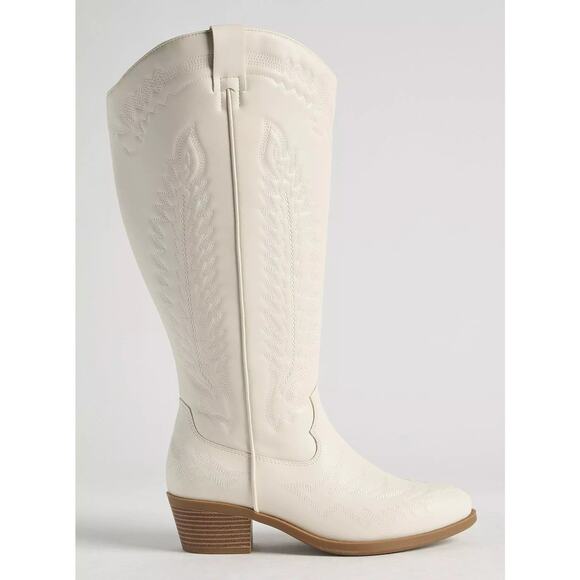 Torrid 9.5WW Wide Width Calf Western Embroidered Knee Boots Faux Leather Ivory - Picture 3 of 4